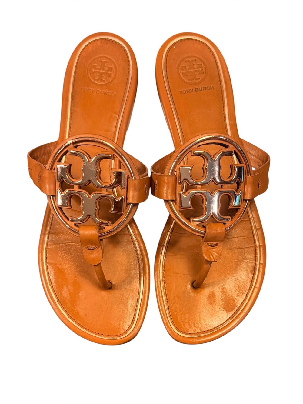 Tory Burch Gold Metal Miller Brown Leather Logo Toe-Post Sandals Size 8 $250